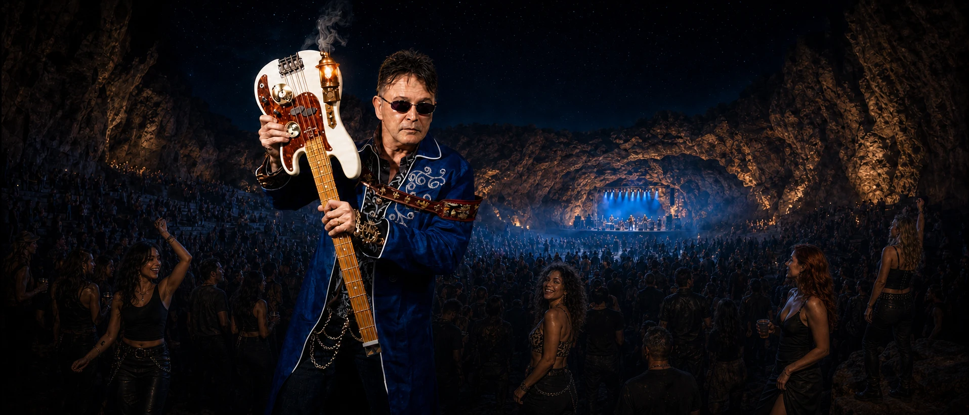 Pab San tenant sa basse-lanterne devant un concert nocturne dans une vaste grotte